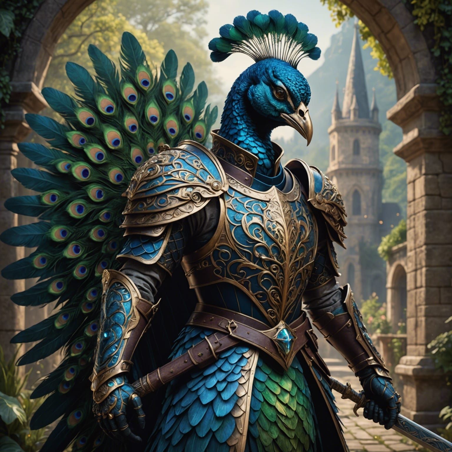 Peacock Knight in Detailed Matte Painting Style