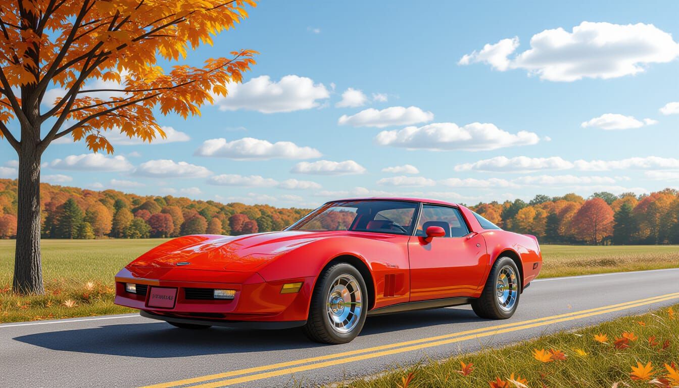 Vibrant Red 1980s Corvette on Autumn Road