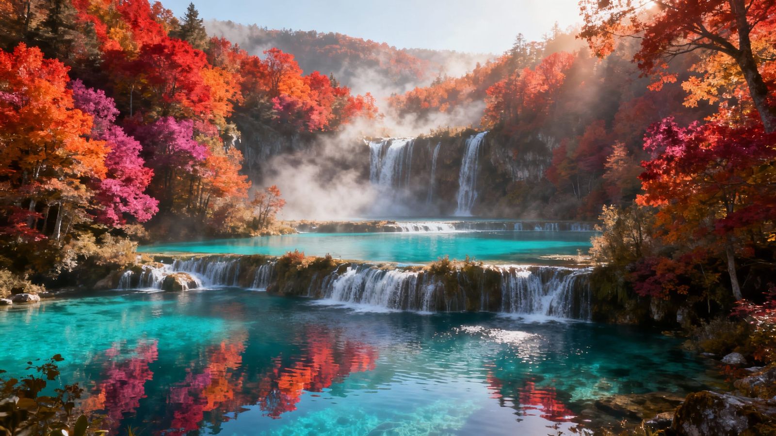Cinematic Autumn Forest With Multilevel Turquoise Lakes