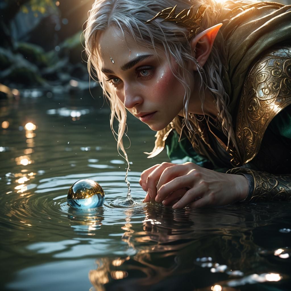 Elf Releases Glowing Orb into Water: Fantasy Realism