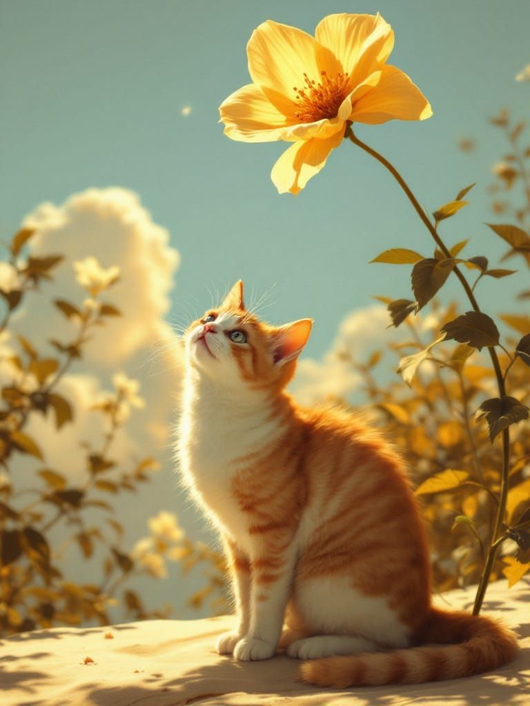 Adorable Cat Under Flower in Golden Hour Light
