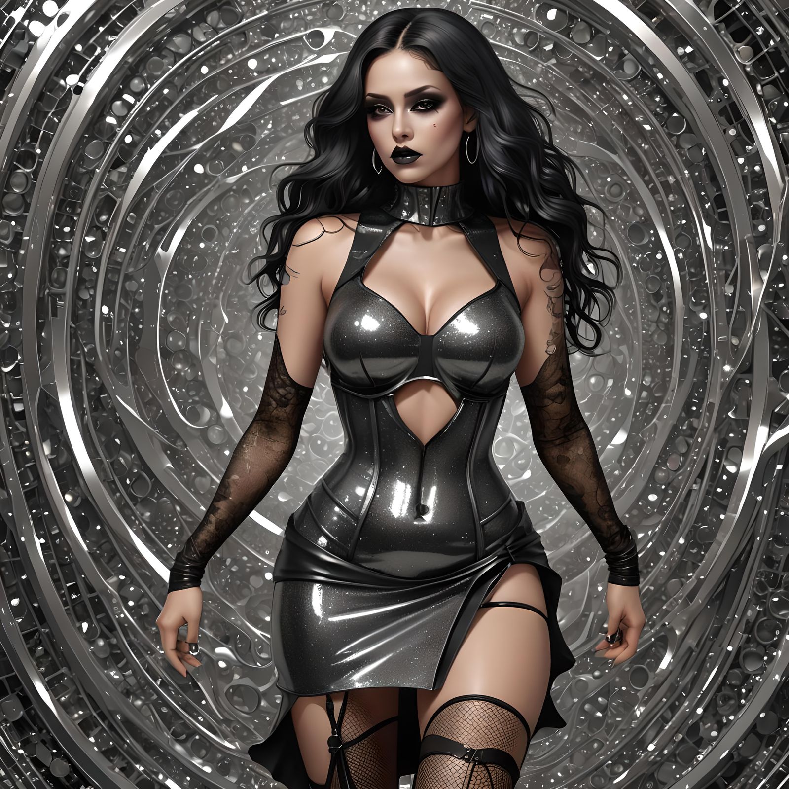 A coy glitter goth woman with an (exaggerated bosom). (Extremely top heavy hourglass figure). She wears a liquid metal t...