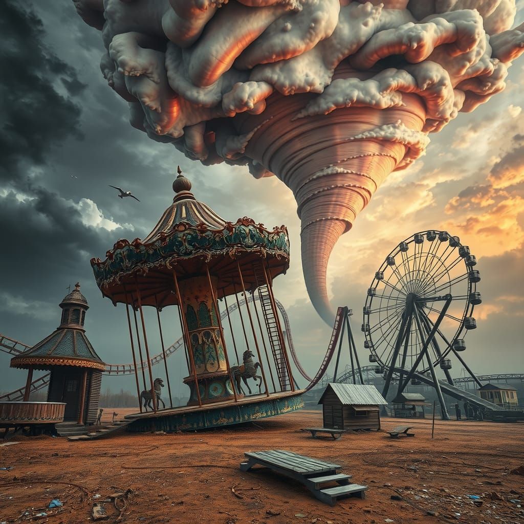 desolate wasteland landscape with a rickety, abandoned carousel, a crumbling roller coaster, and a twisted ferris wheel,...