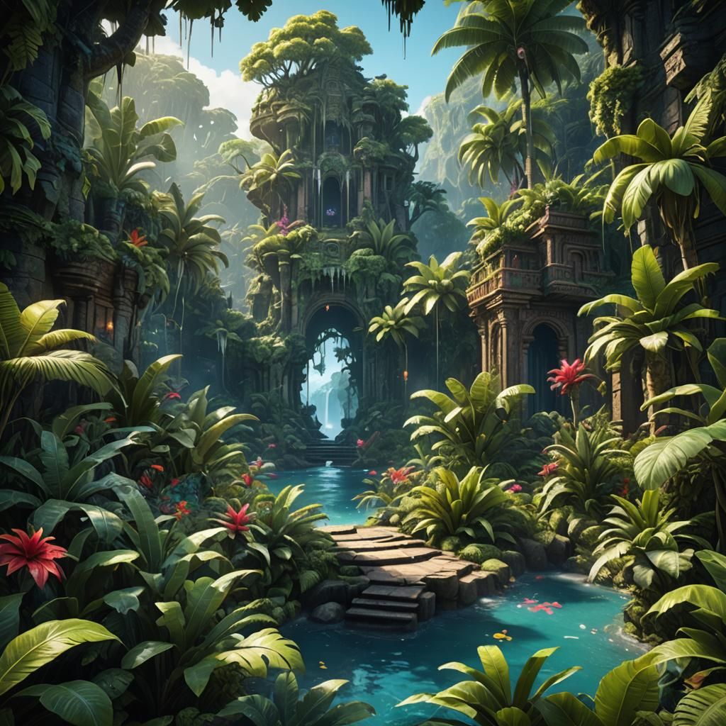 Tropical Dreamscape: Detailed Matte Painting in Deep Color