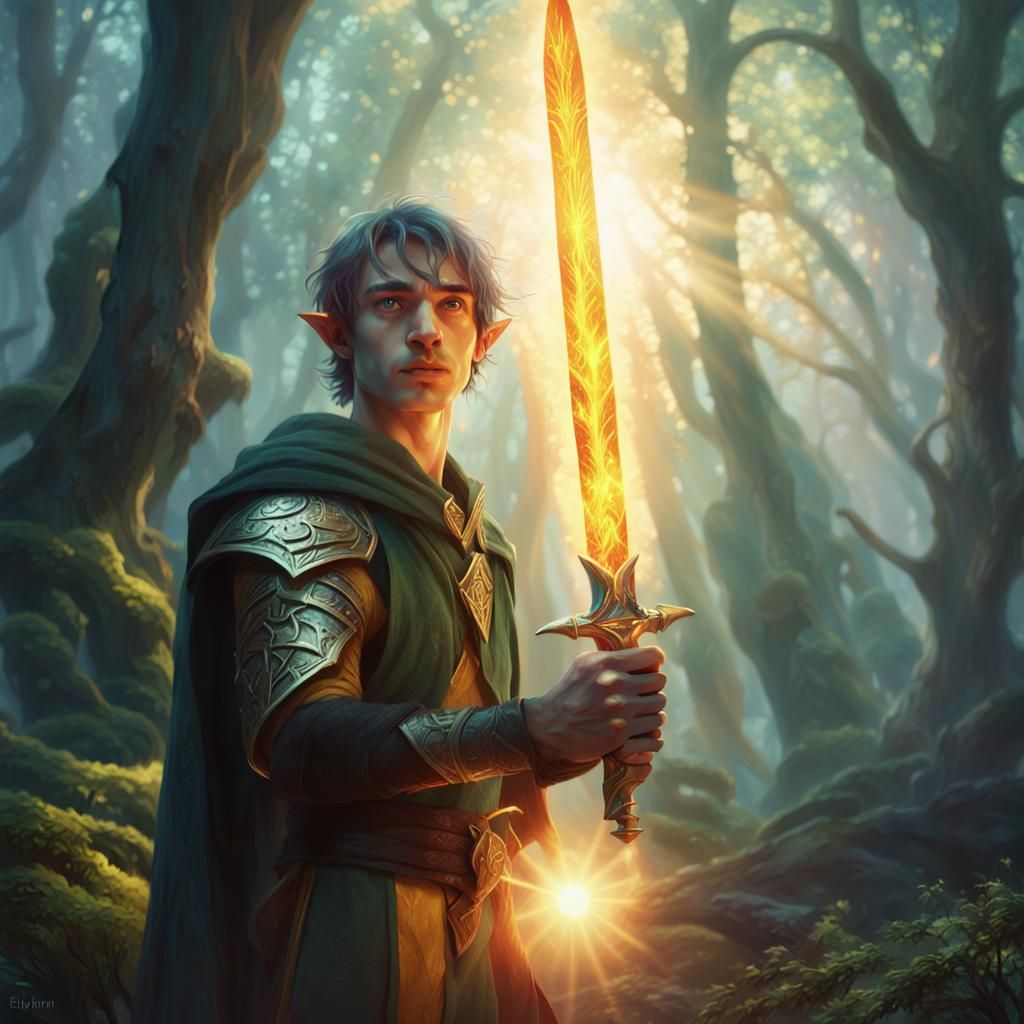 Half-Elf Sun Sword in Mystical Forest: Oil Painting