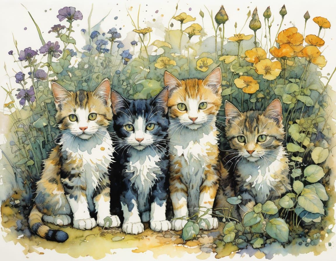 Garden Scene with Whimsical Felines in Watercolor