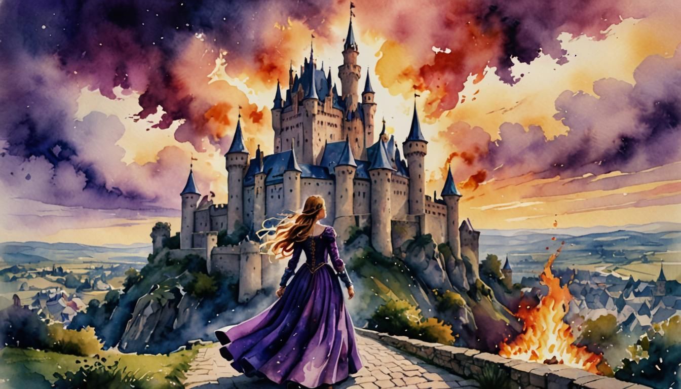 Burning Castle: Royal Woman in Watercolor Style