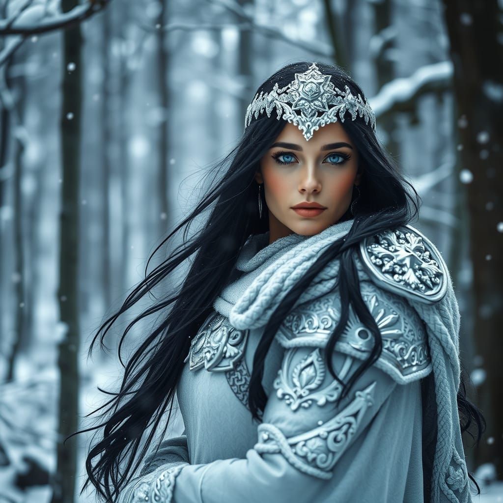 Woman Warrior in Snowy Forest, Hyperrealistic HDR Scene