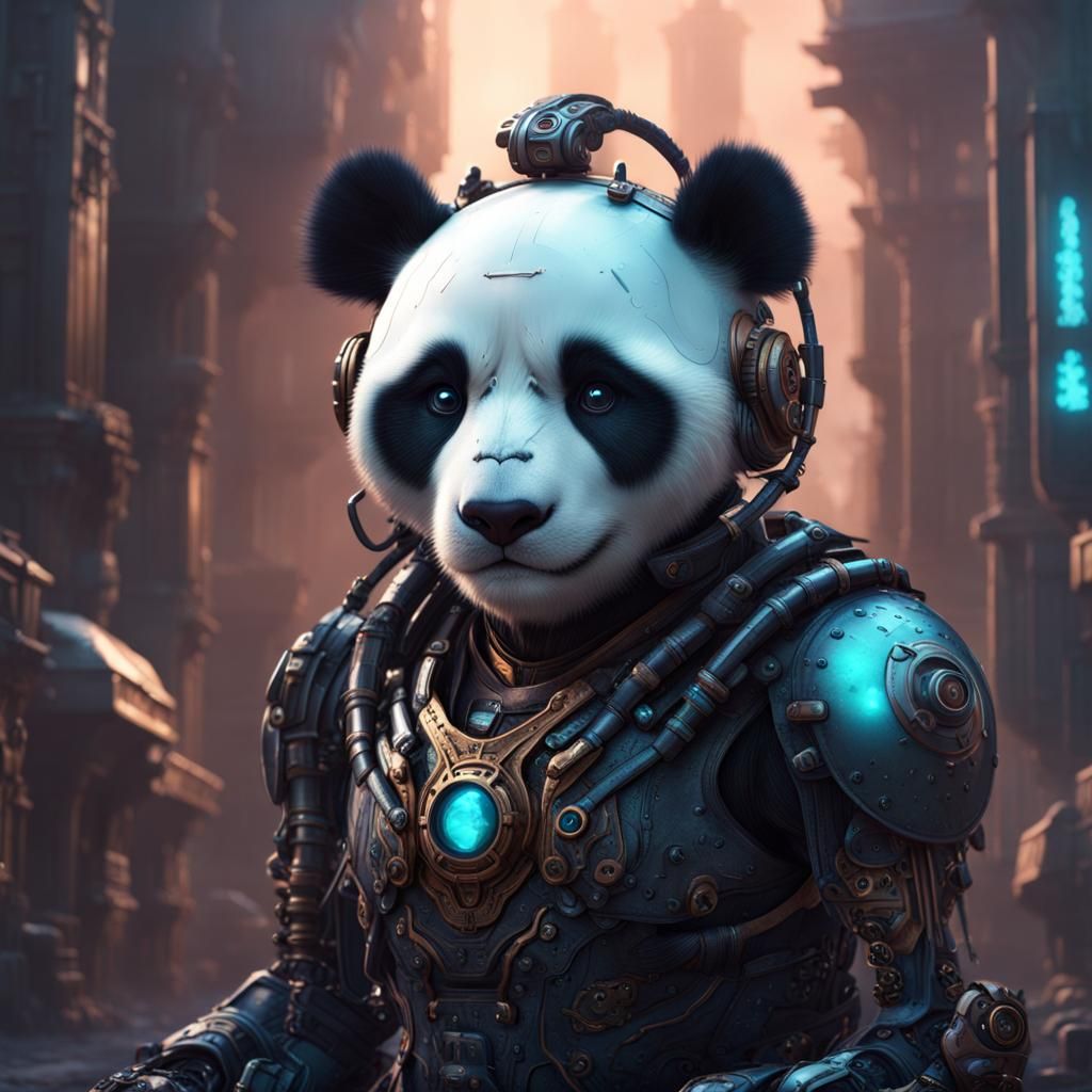 Sad Panda Cyborg in Detailed Matte Painting