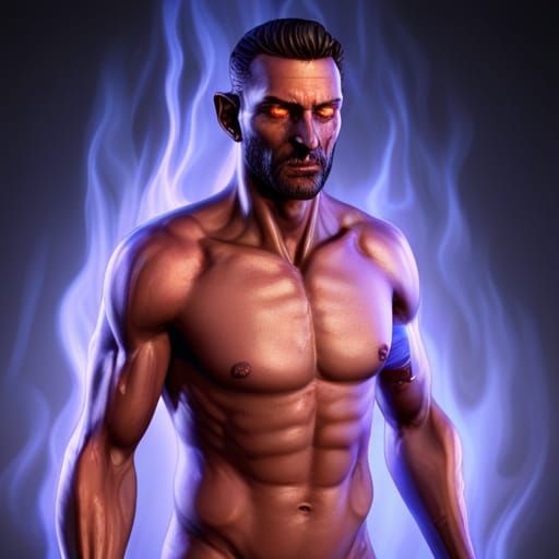 Man with Demon Shadow Engulfed in Blue Flames