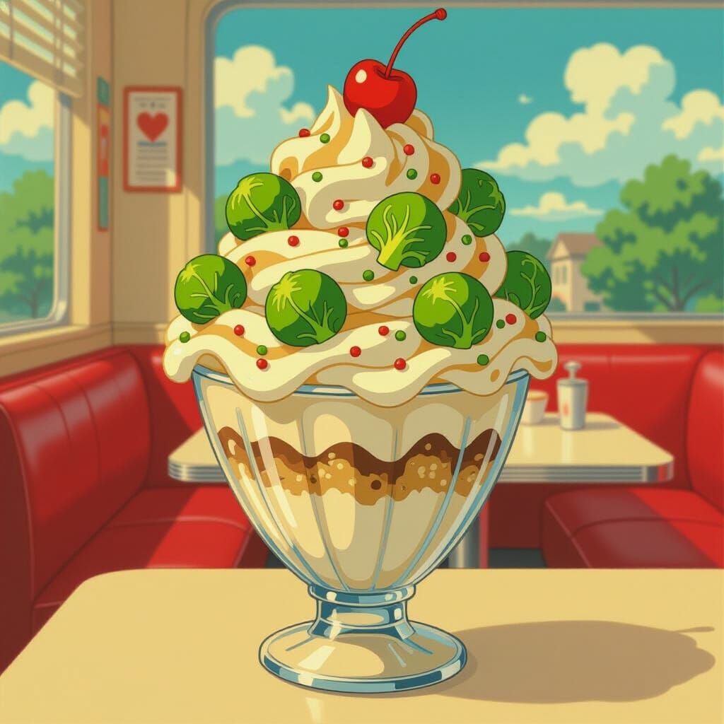 Brussels Sprouts Sundae on Diner Table in Ghibli Style