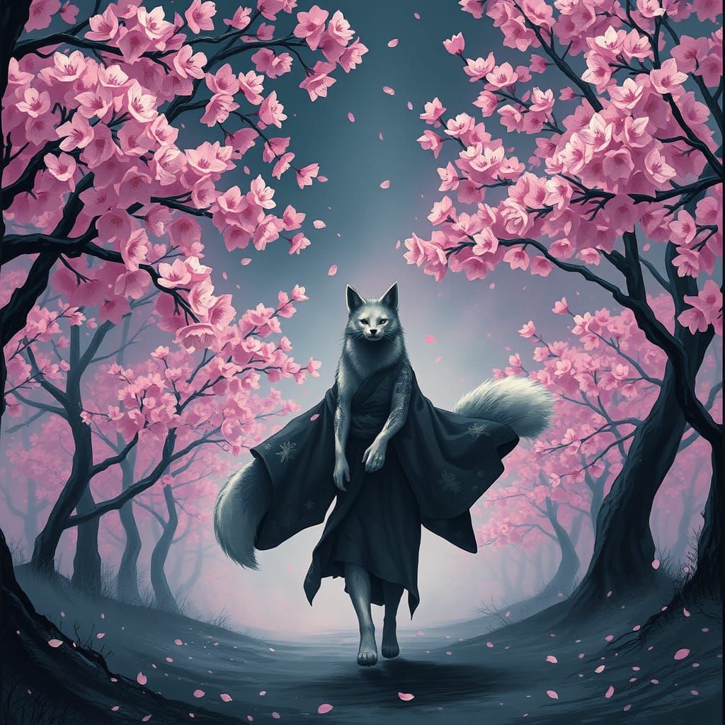 Mysterious Kitsune in Cherry Blossom Grove