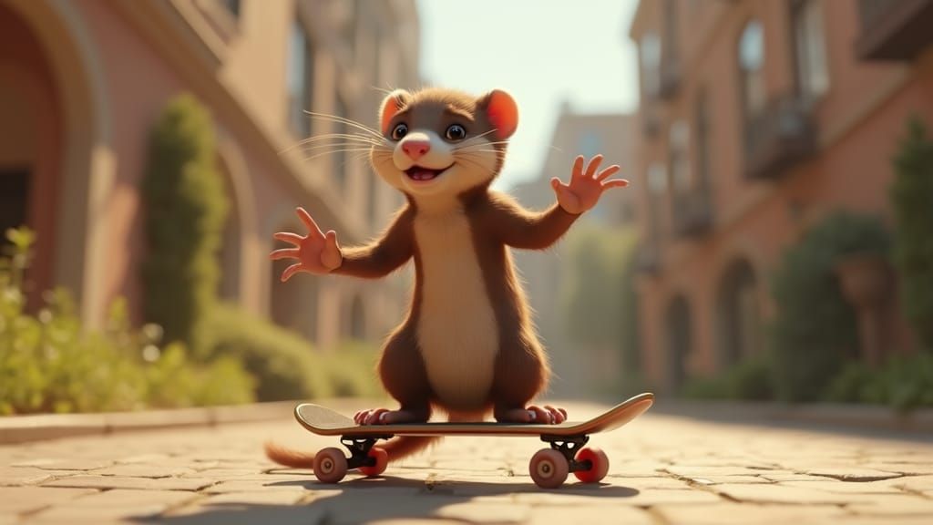 Ferret on Skateboard in Pixar Animation Style