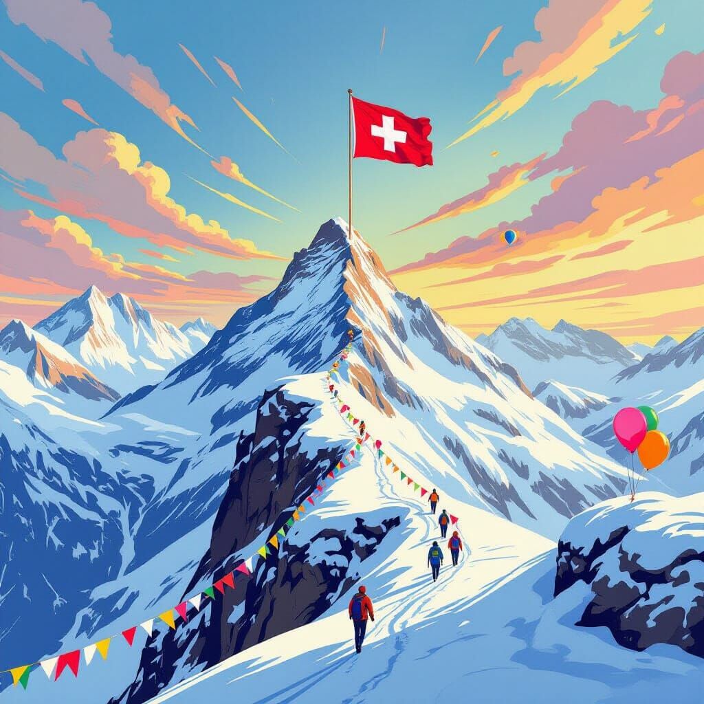Vibrant Party Ascends Swiss Alp to Flag Summit
