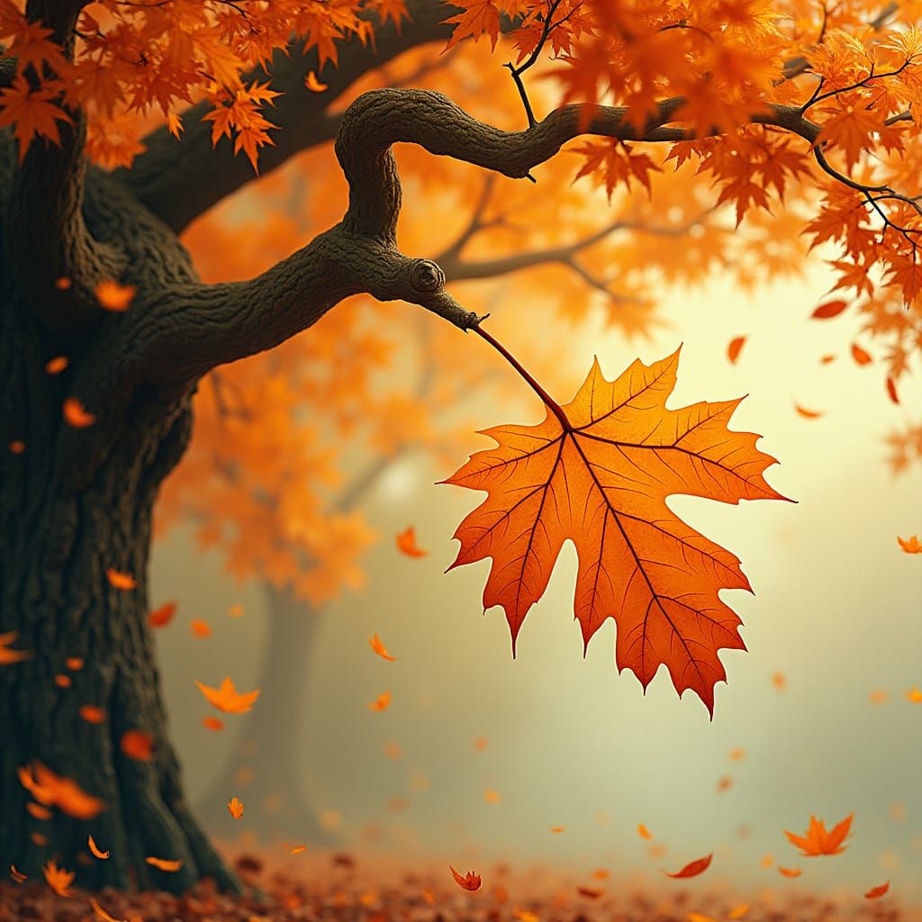 Falling Oak Leaf in Ukiyo-e and Impressionist Styles