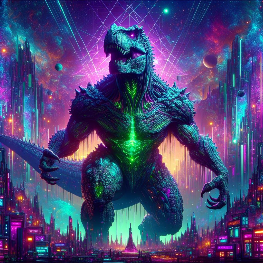 Godzilla-Rex in Synthwave City: Fantasy Concept Art