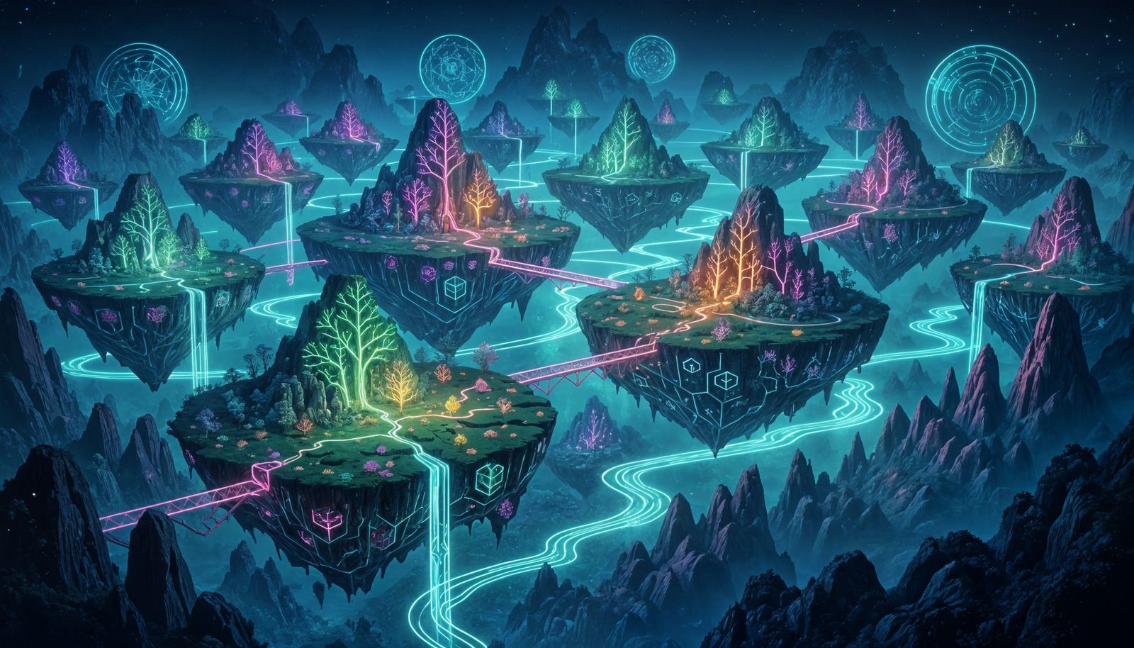 Surreal Neon Fractal Islands in Anime-Cyber-Fantasy Style