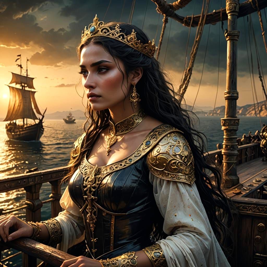 Fantasy Princess on Flying Ship: Byzantine Art Style