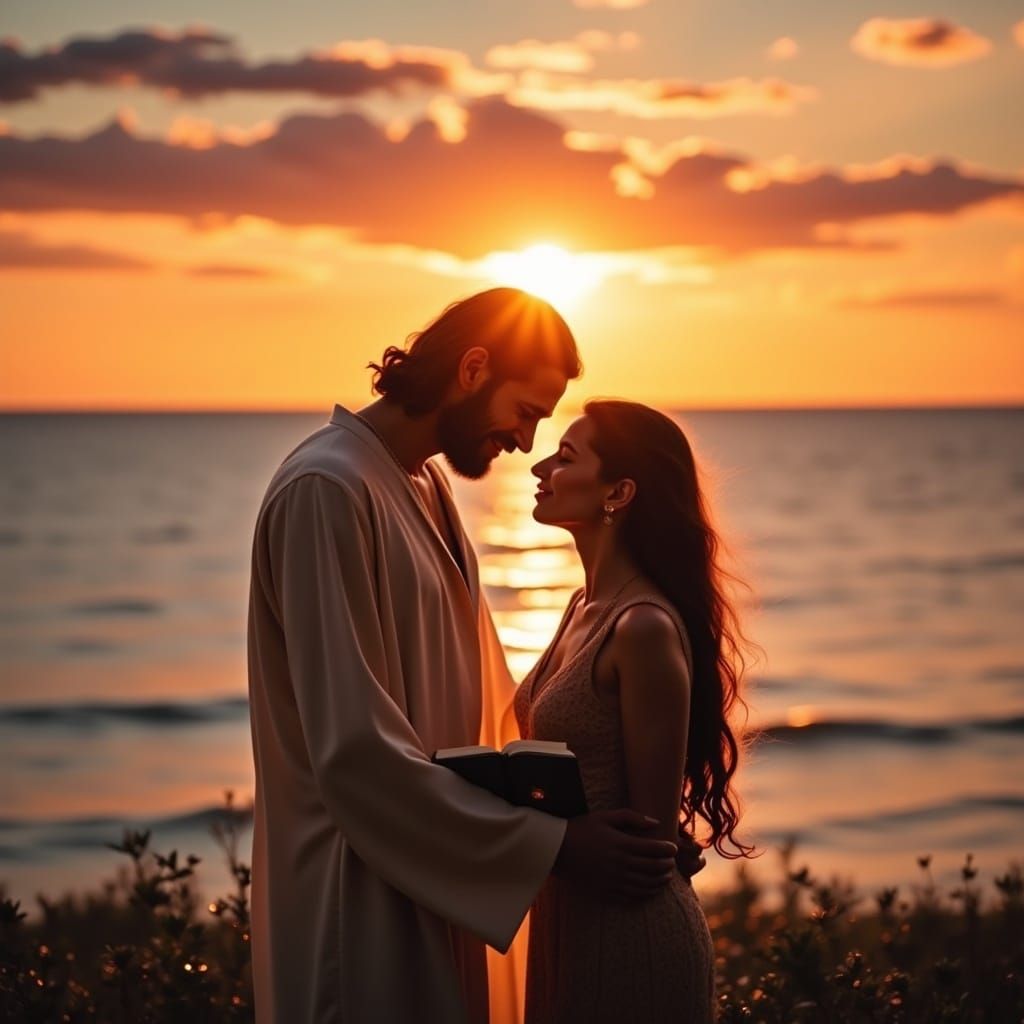 Jesus and Woman Merge at Sunset