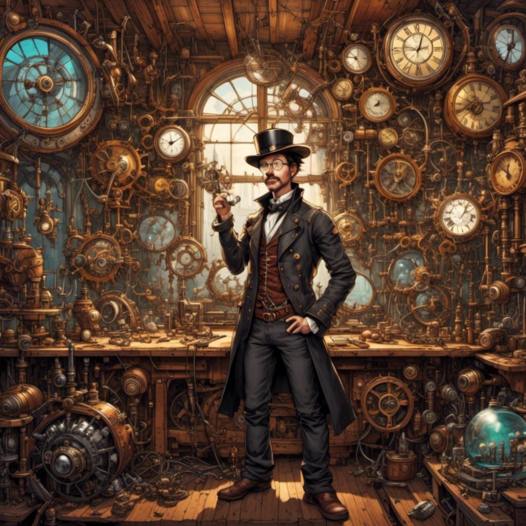 Steampunk Inventor in Tesla-Powered Workshop, Comic Art