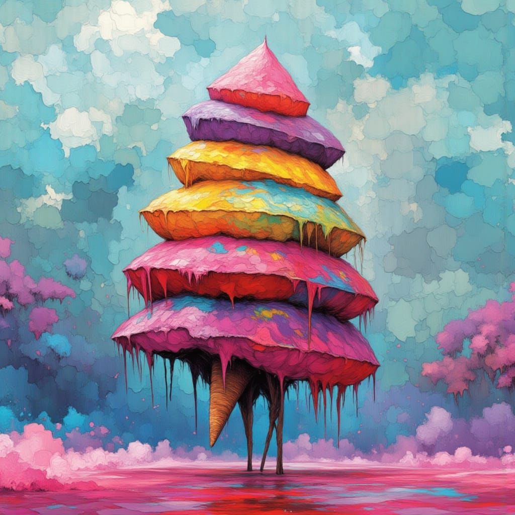 <lora:Gestral:1.0> <lora:SOS STACKED STILTS:1.0> Colorful Sherbet stacked stilts Ice Cream in Impressionistic Style