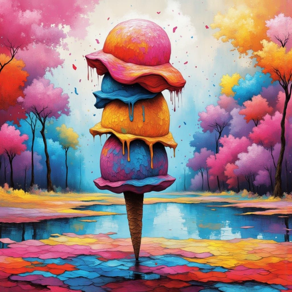 <lora:Gestral:1.0> <lora:SOS STACKED STILTS:1.0> Colorful Sherbet stacked stilts Ice Cream in Impressionistic Style