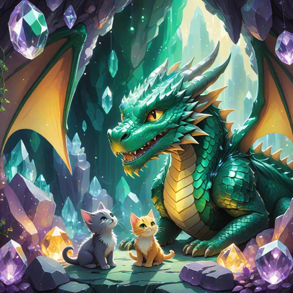 Massive Dragon and Kitten in Glowing Crystal Cave