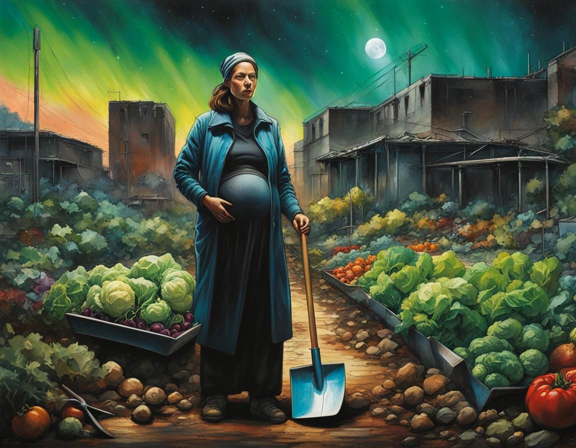 Pregnant Woman Gardening in Dystopian Future