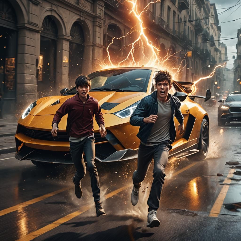 Boy Runs from Lightning Lamborghini: Fantasy Concept Art