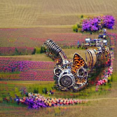 Steampunk Butterfly in a Flower Field