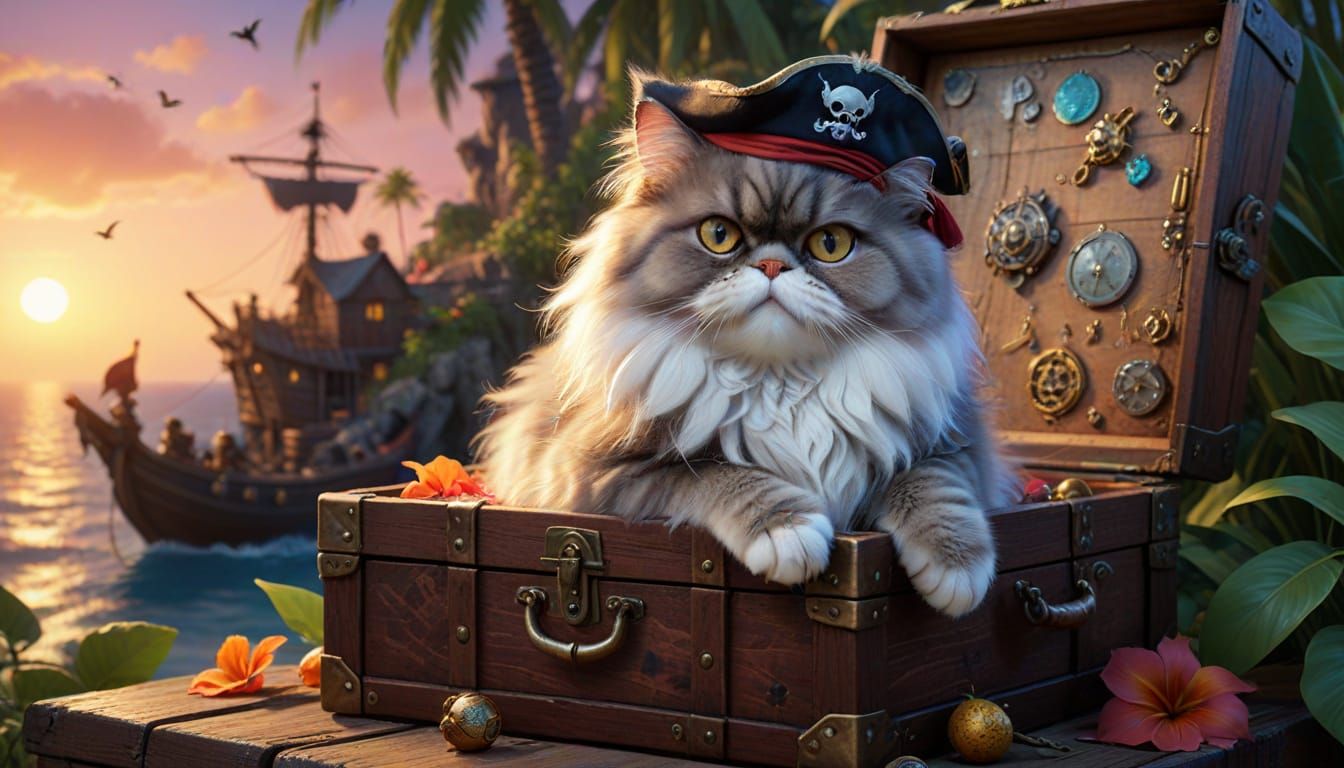 Fluffy Persian Cat Pirate on Treasure Chest