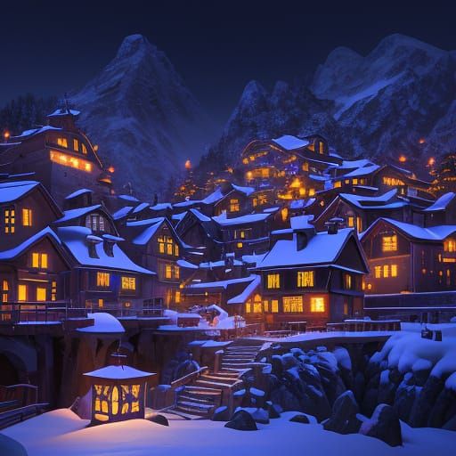 Snowy Alpine Village Aglow with Lanterns at Night