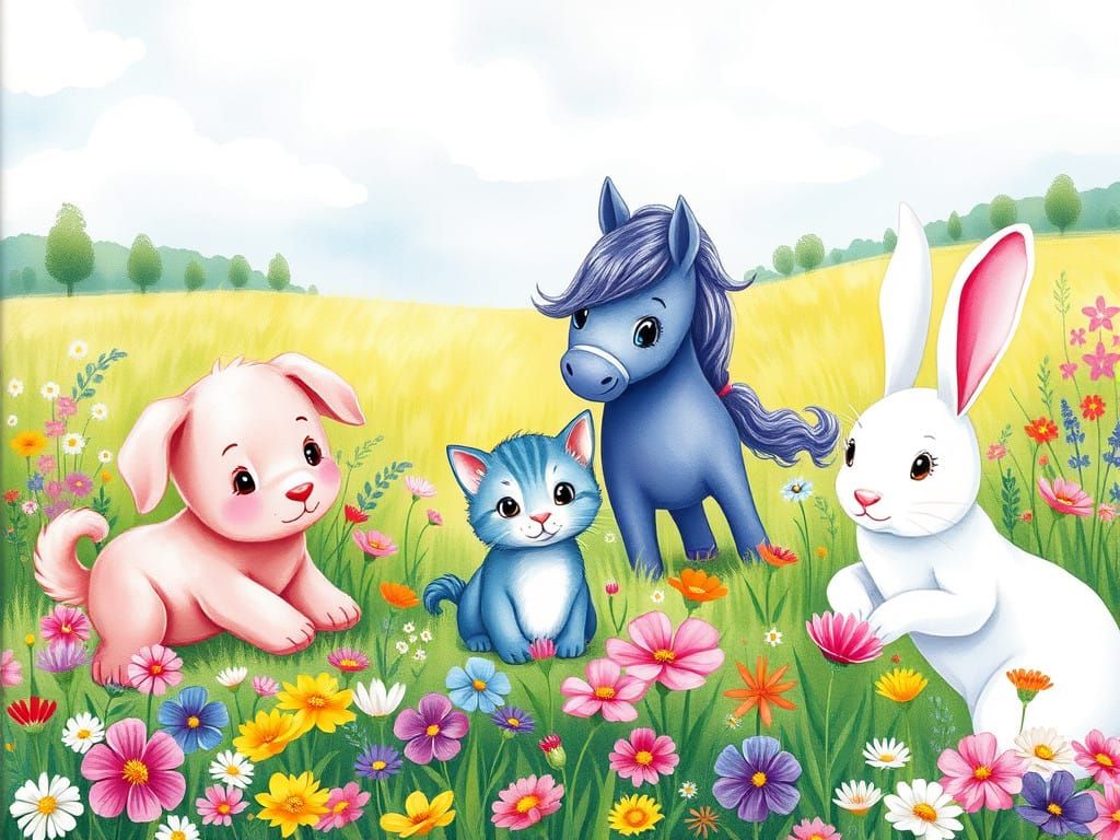 Playful Friends in a Whimsical Meadow