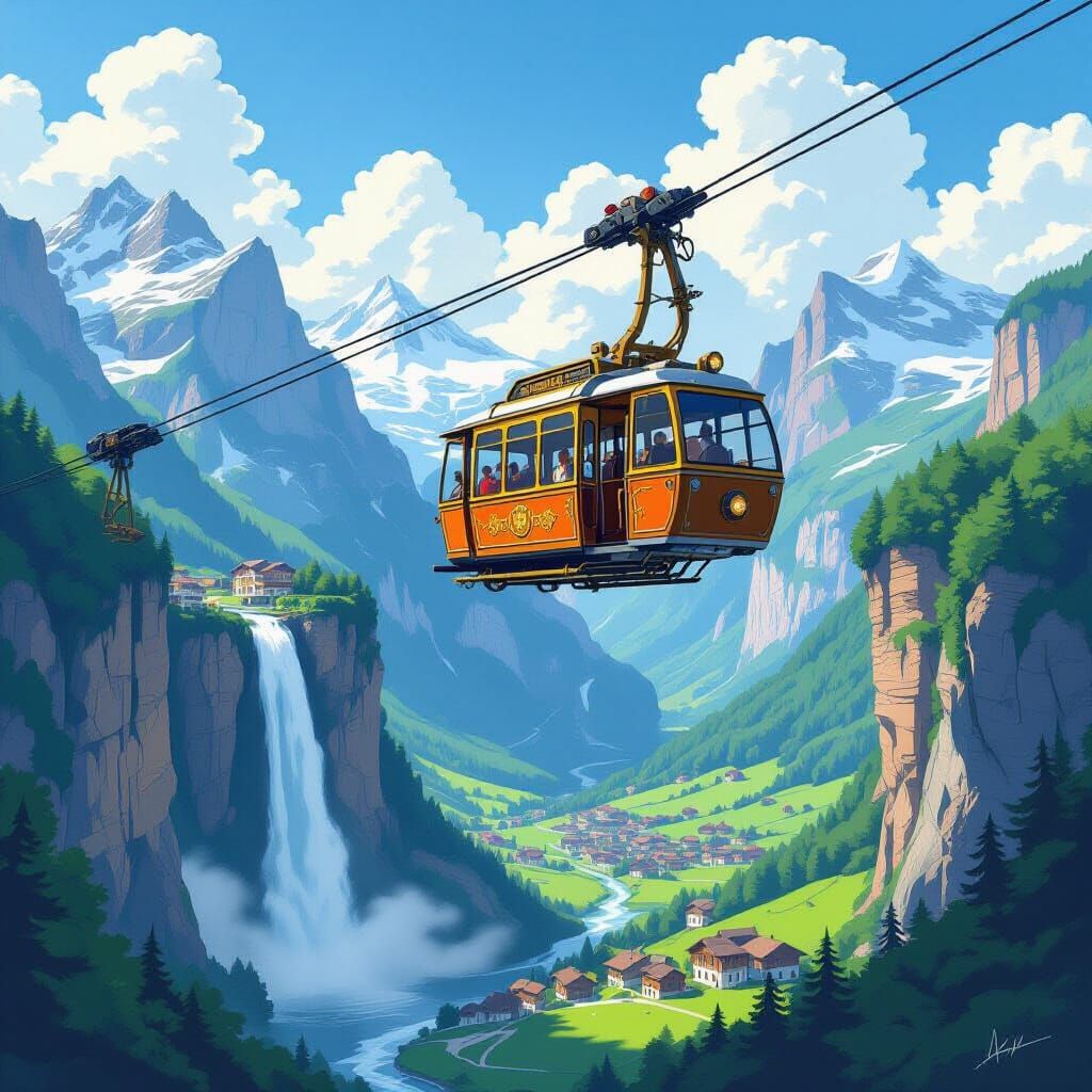 Steampunk Cable Car Above Swiss Alps Waterfall