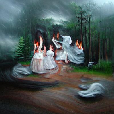 Witches Dancing Around Fire in Ominous Oil Painting