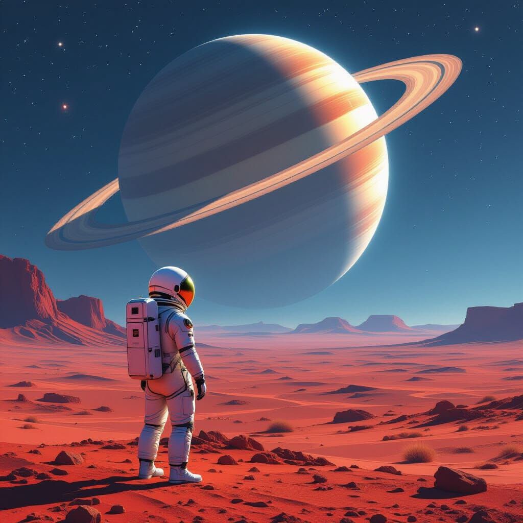 Astronaut Gazes at Ringed Planet on Alien World
