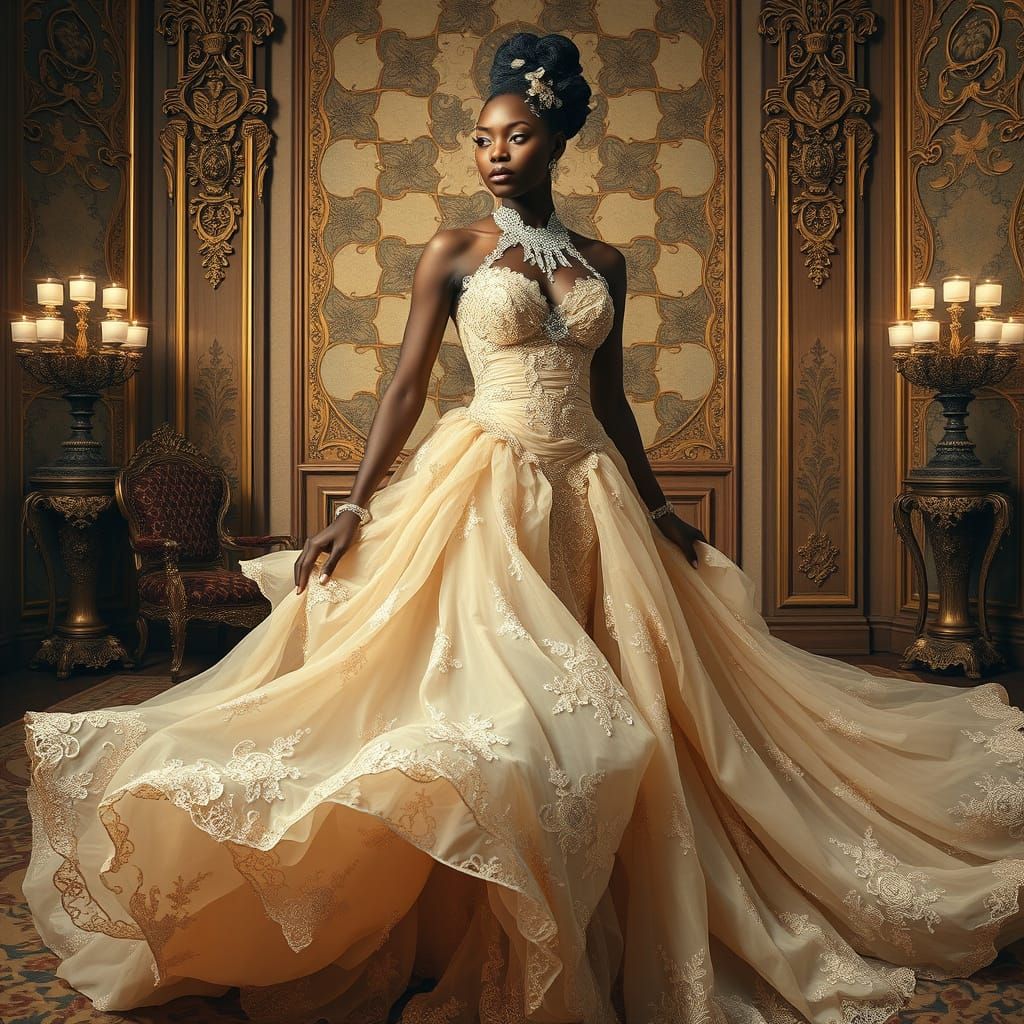 Elegant Woman in Gown: A Fusion of Artistic Styles