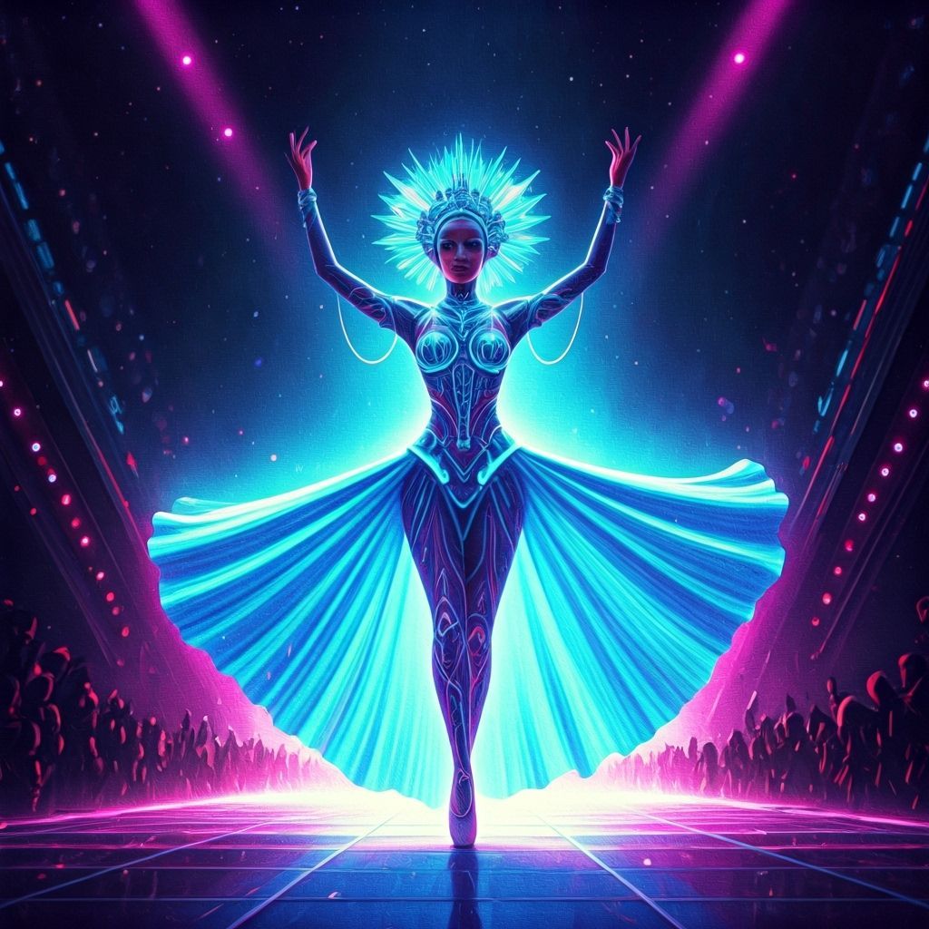 Futuristic Dancer in Neon Dress on High-Tech Stage