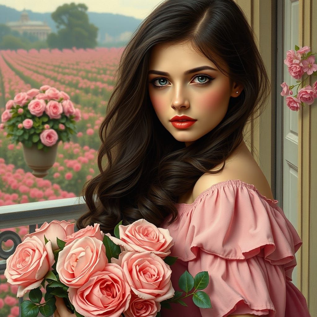 Elegant Brunette Beauty in Vintage Style Oil Painting