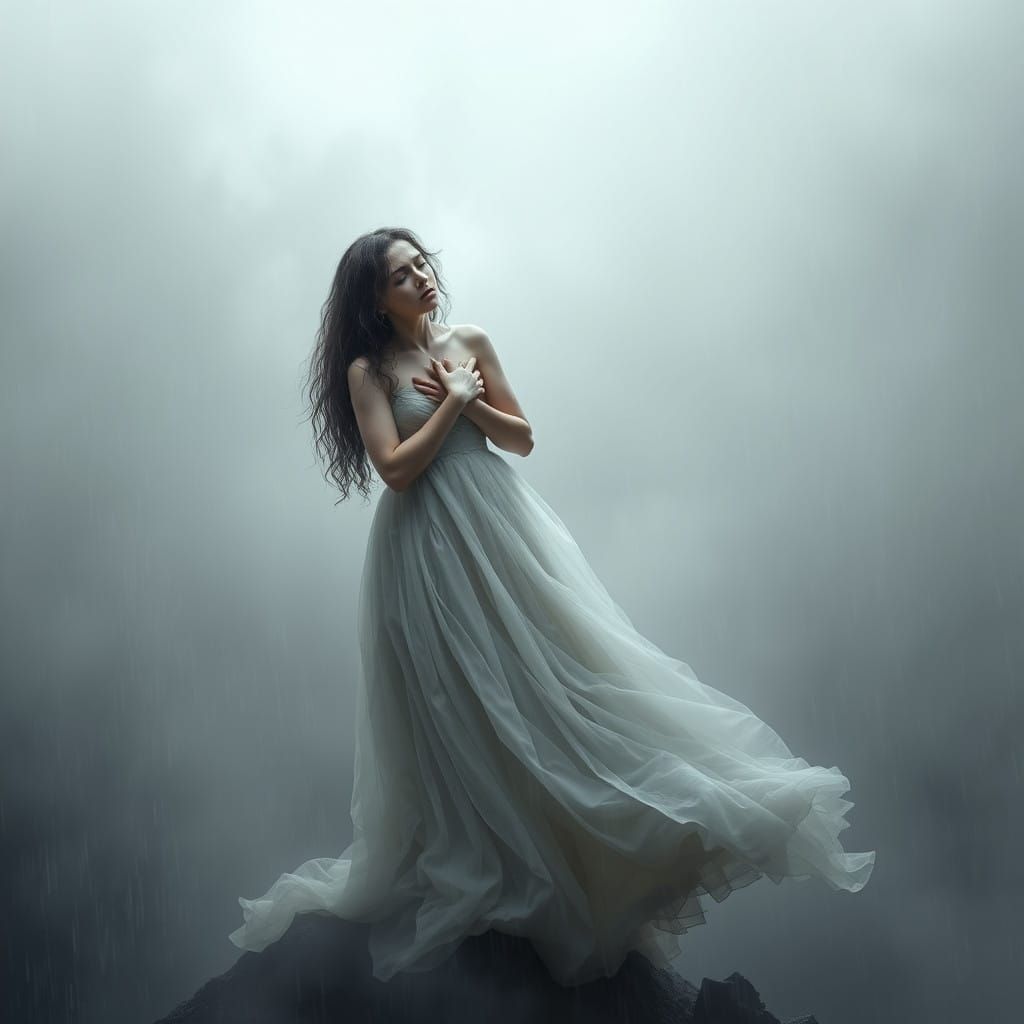 A Woman's Isolated Woe in a Turbulent Grey Expanse