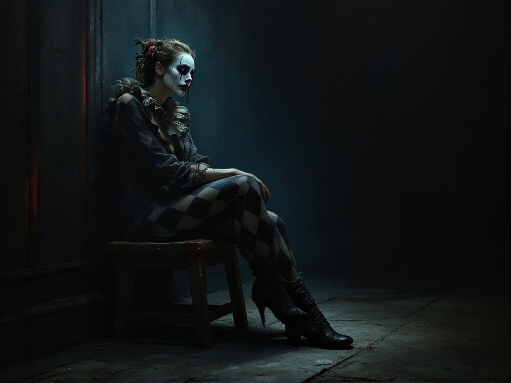 Melancholy Harlequin in Dramatic Spotlight