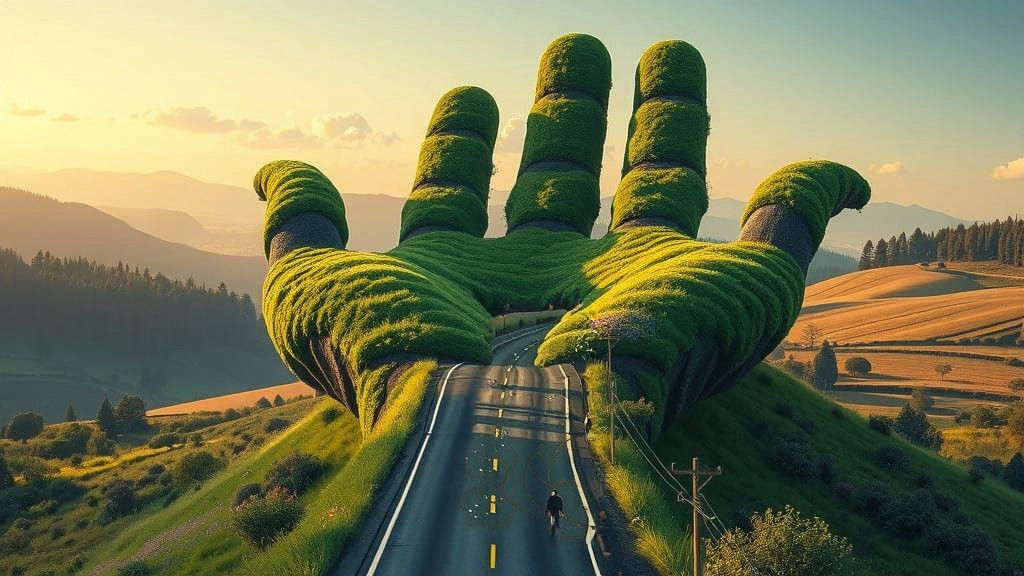 Hyper-Realistic Giant Hand Landscape in Rural Valley