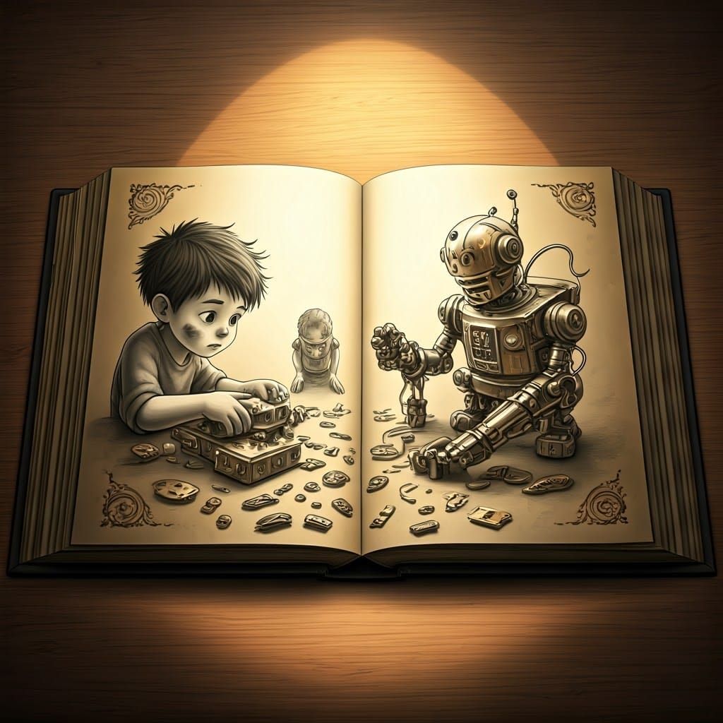 Whimsical Robot Assembly on Vintage Book Pages