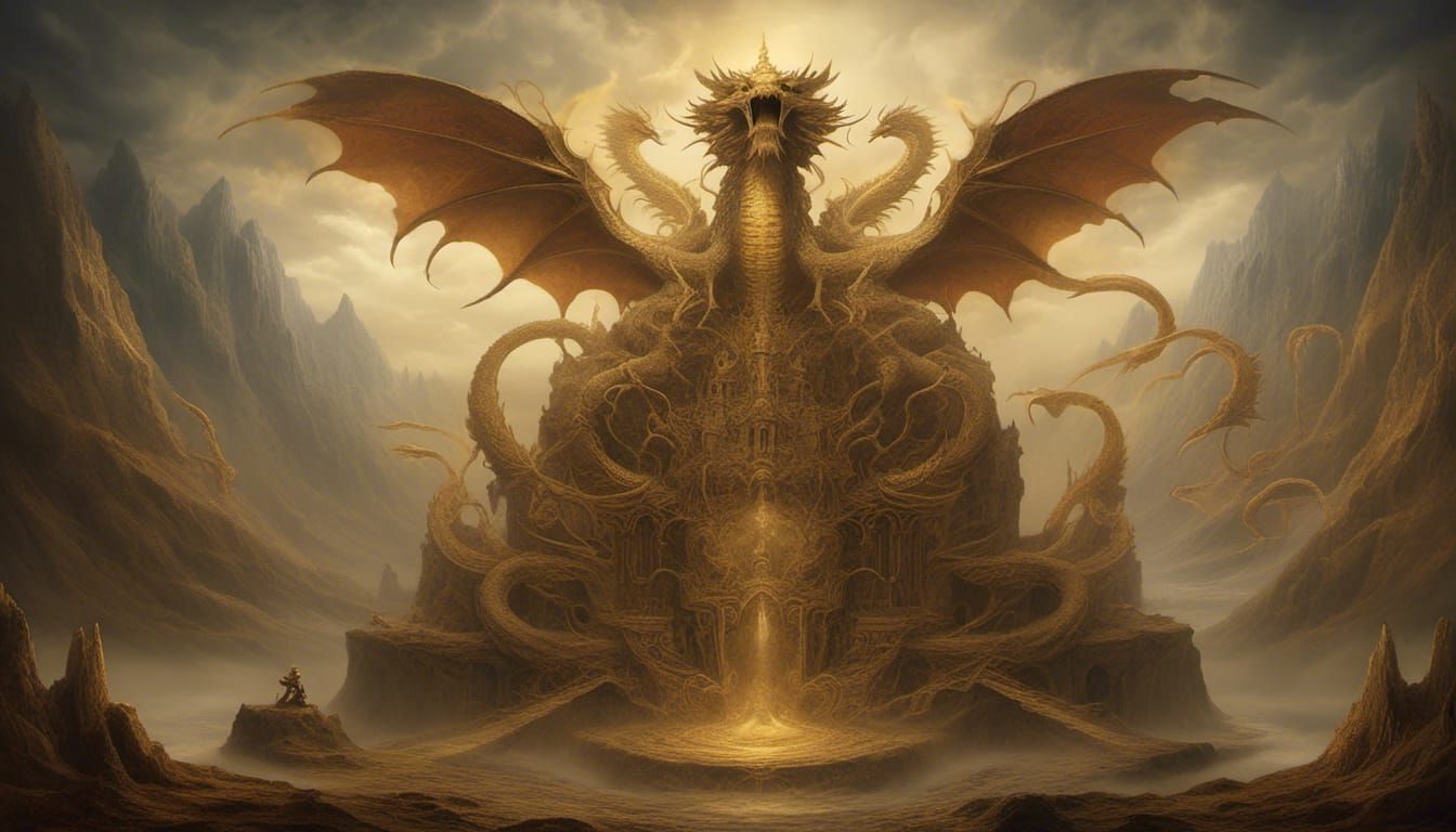 Golden Three-Headed Dragon on Baroque Ruins