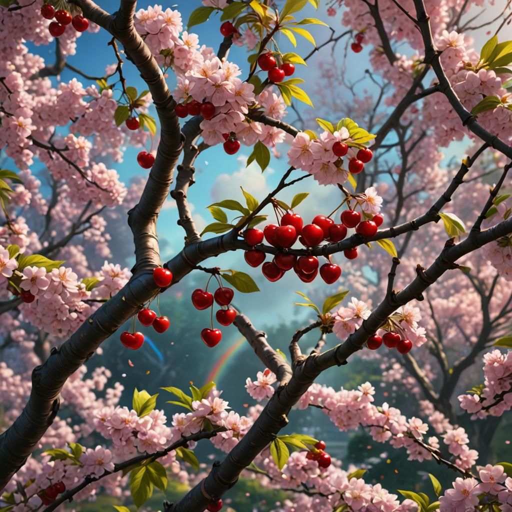 Cherries in Love Under a Rainbow Sky