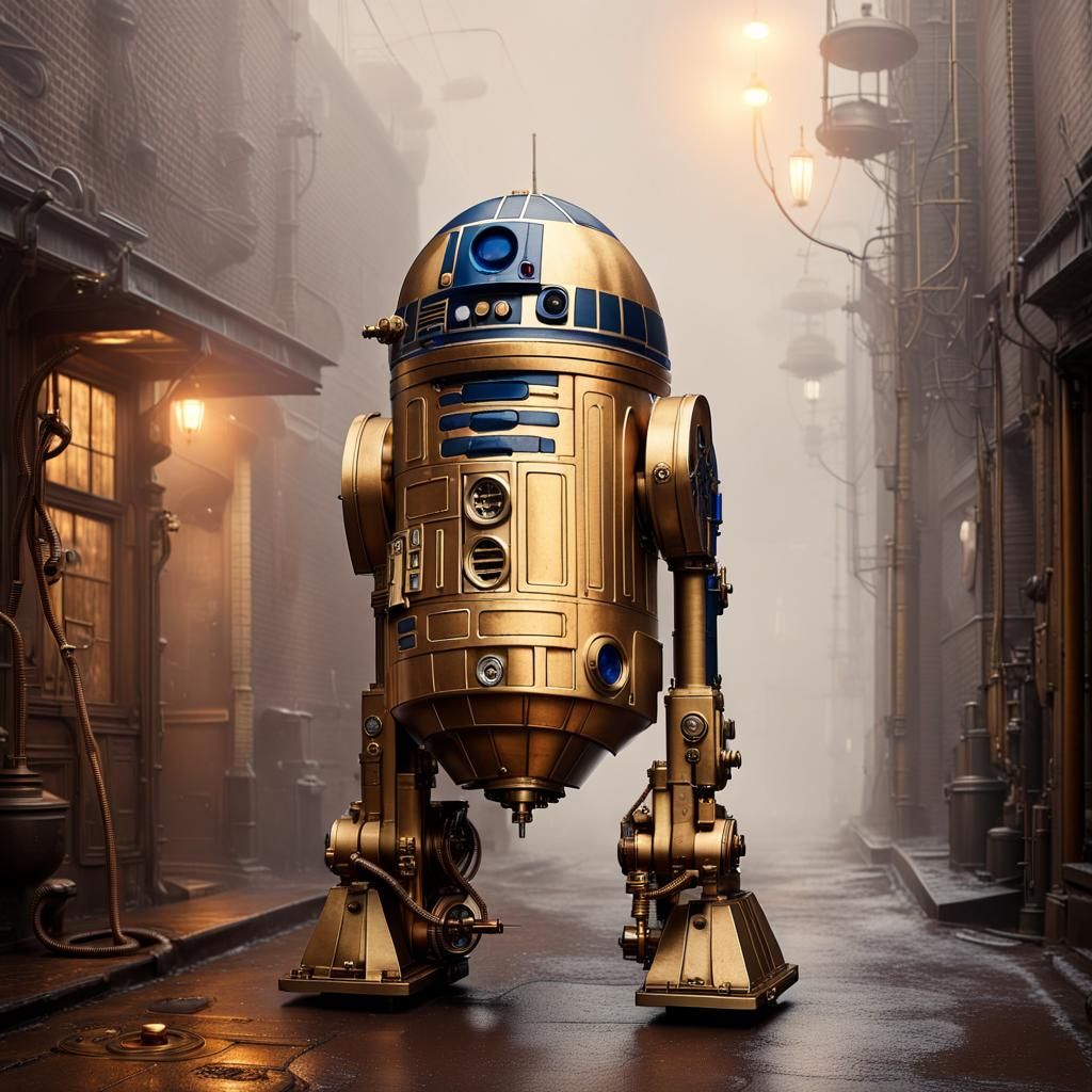 Steampunk R2 D2 Robot in Foggy Alleyway