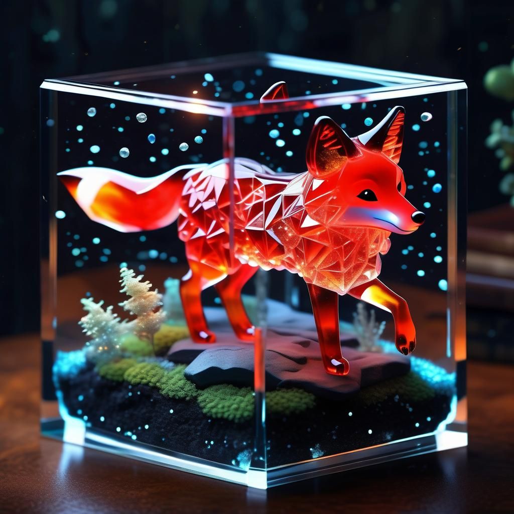 Bioluminescent Crystal Fox Sculpture in Terrarium