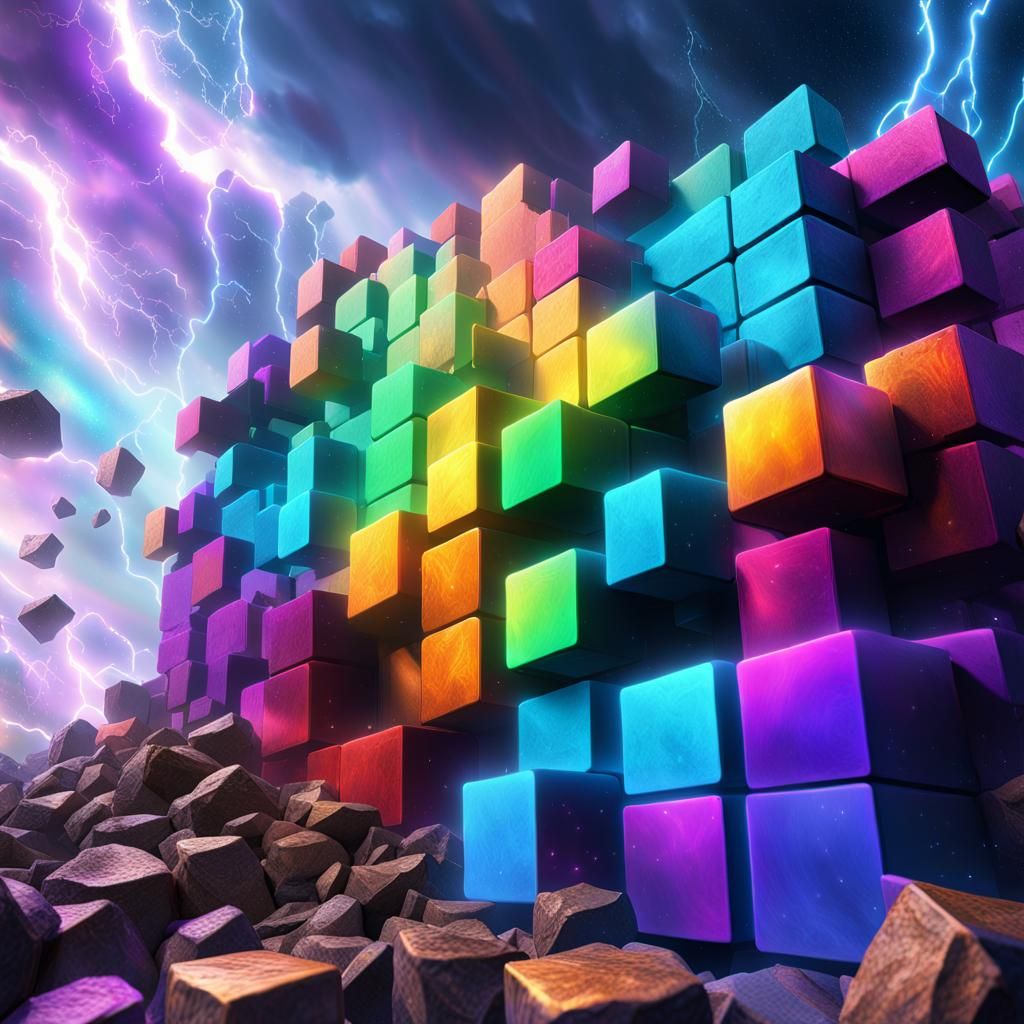 Rainbow Cubes to the Sky in Theatrical Art Style