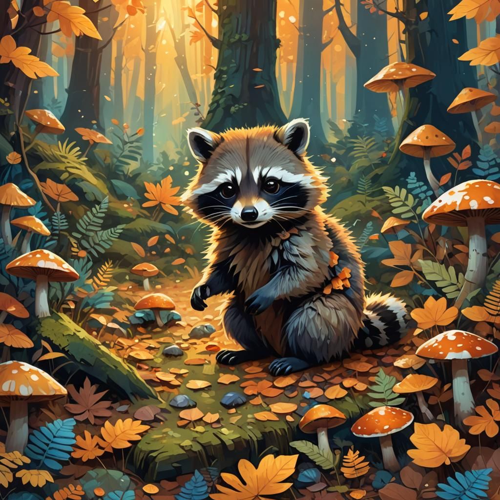 Fluffy Raccoon in Autumn Forest, Digital Art