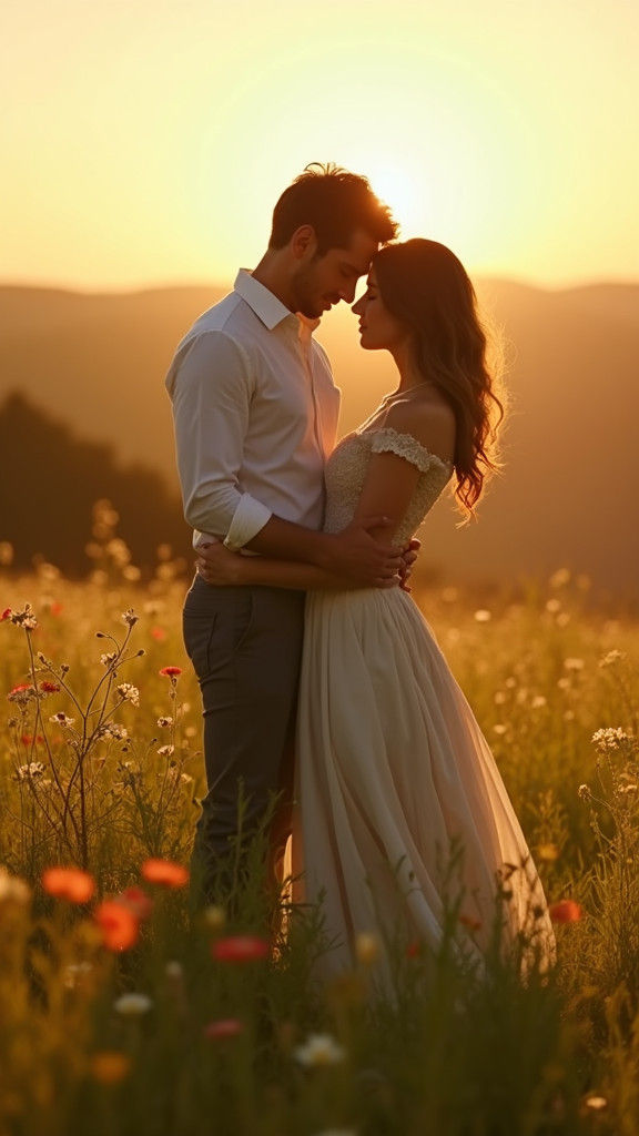 Romantic Couple in Golden Meadow, Cinematic Film Still